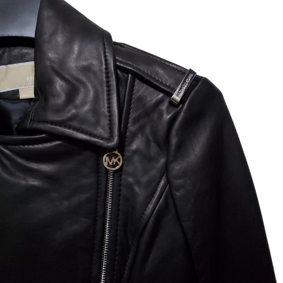 NWT Michael Kors Leather Jacket Moto Black Belt Long Asymmetrical Zip Sz XS READ - Picture 2 of 15